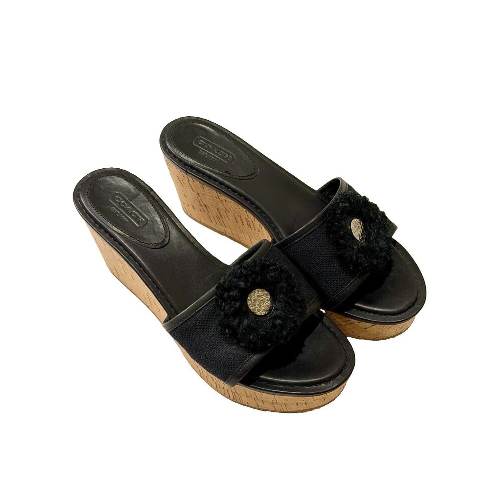 Coach Jazmin Leather Cork Platform Wedge Sandals 00s Y2K Black Raffia Women’s 9B